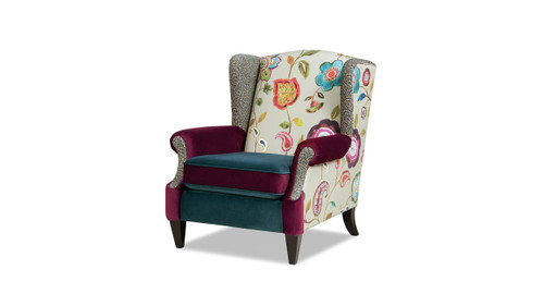 Anya Boho Chic Wingback Accent Chair with Floral Print & Velvet Upholstery, Satin Teal & Burgundy