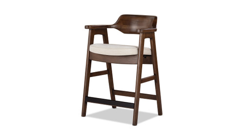 Hayes 26.5" Reclaimed Pine Upholstered Counter Stool with Arms, Dark Brown & Soft Flax Light Beige