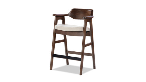 Hayes 29.5" Reclaimed Pine Upholstered Bar Stool with Arms, Dark Brown & Soft Flax Light Beige