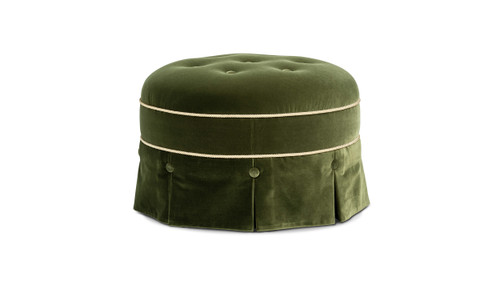 Maribel 24" Round Tufted Performance Velvet Ottoman with Skirted Base, Olive Green