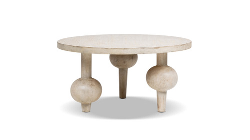 Odette 36" Round Sculptural Reclaimed Pine Coffee Table, Whitewashed Natural