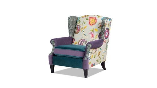 Anya Boho Chic Wingback Accent Arm Chair, Floral & Leopard, Satin Teal & Purple