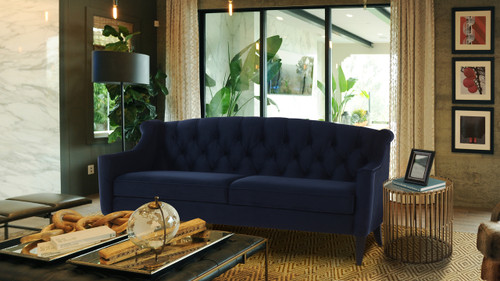 Ken Upholstered Button Tufted Sofa, Dark Navy Blue 2