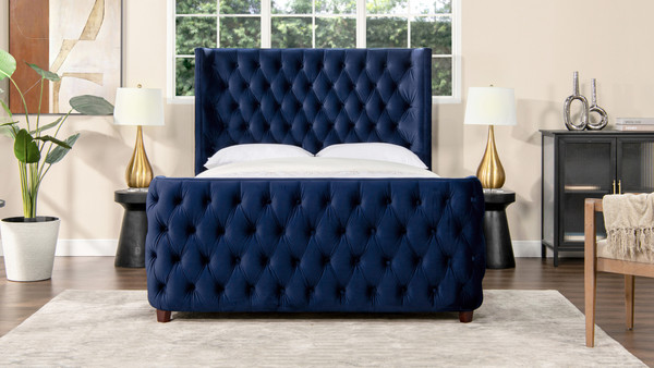 Brooklyn Queen Tufted Panel Bed Headboard and Footboard Set, Navy Blue 2