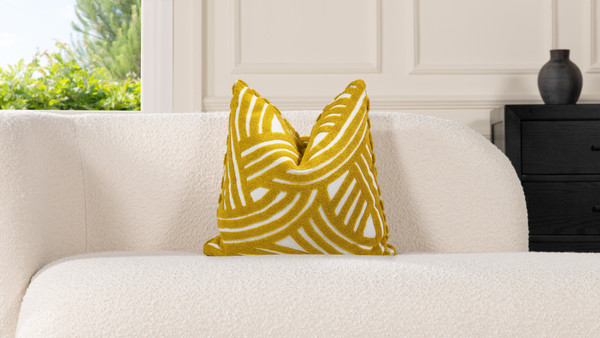 La Broderie 20" Square Embroidered Throw Pillow & Feather Down Insert, Brushstroke Yellow 2