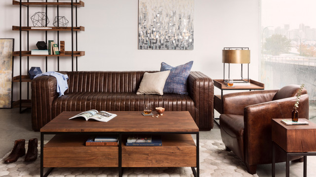 Benson Modern Industrial Channel-Stitched Top-Grain Leather Tuxedo Sofa in Distressed Chestnut Brown