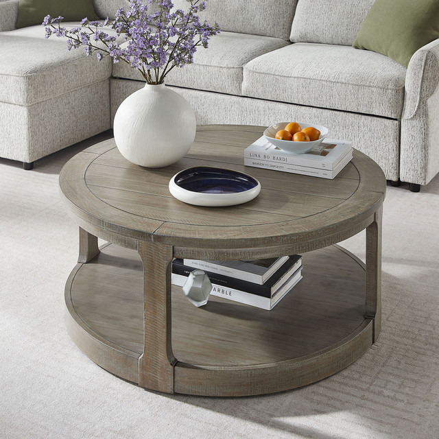 Langford Rustic Round 2-Tier Pine Wood Coffee Table with Lower Shelf