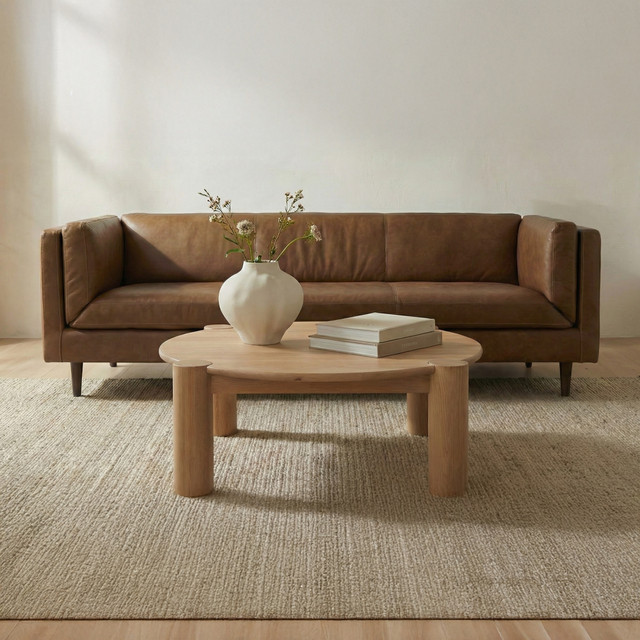 Bennett Mid-Century Modern Top-Grain Leather Sofa with Tapered Wood Legs