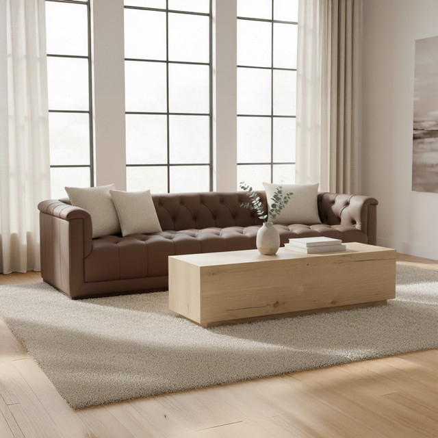 Westbridge Modern Chesterfield Top-Grain Leather Sofa with Tufted Back and Wood Base