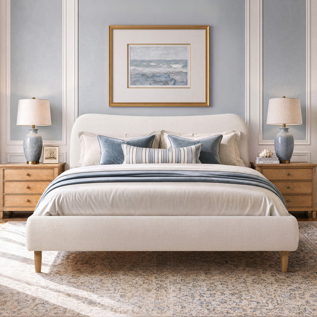 Roman Curved Headboard Upholstered Platform Bed, King, Stone Light Beige Chenille