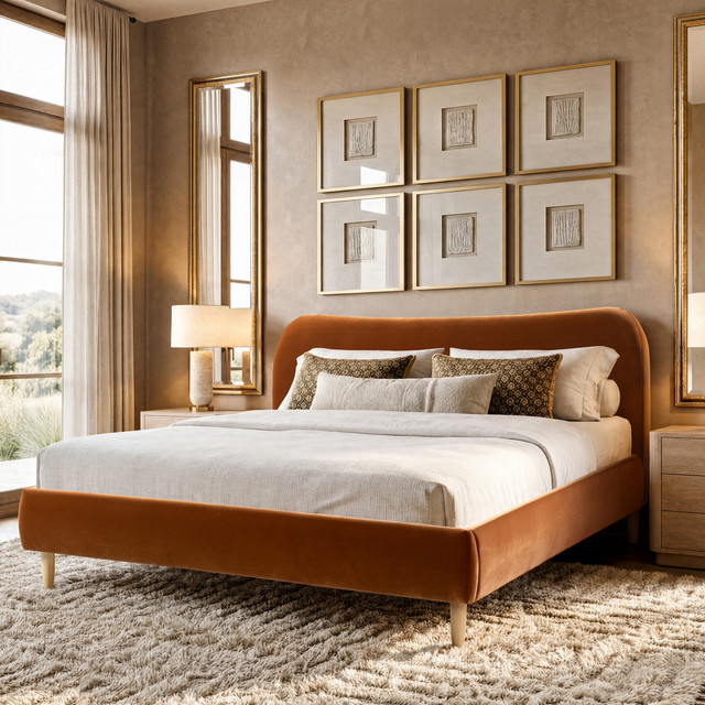 Roman Curved Headboard Upholstered Platform Bed, King, Burnt Orange