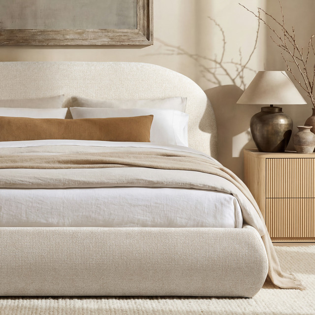 Archie Puffy Grounded Upholstered Platform Bed, Oatmeal Light Beige