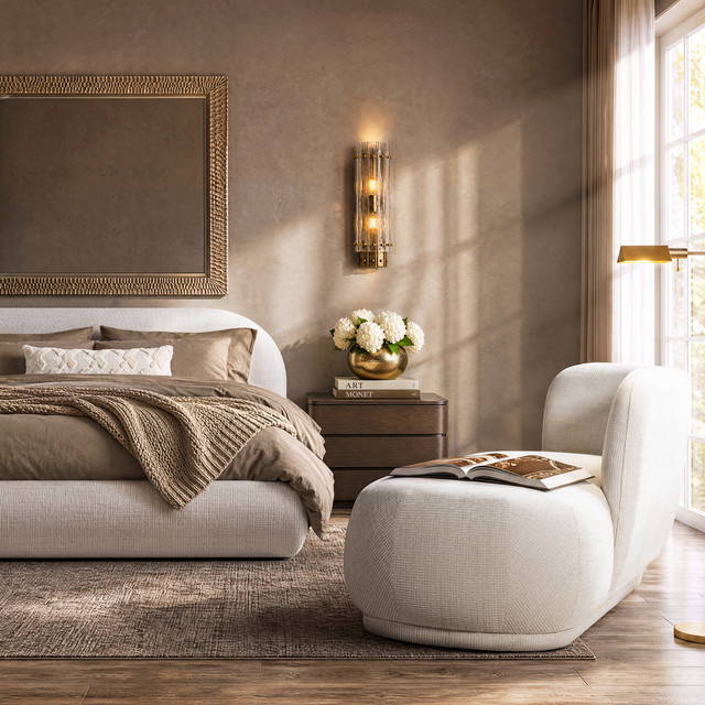Archie Puffy Grounded Upholstered Platform Bed, King, Stone Light Beige Chenille