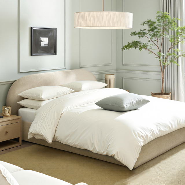 Archie Puffy Grounded Upholstered Platform Bed, Almond White