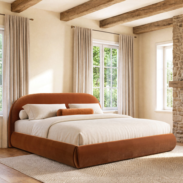 Archie Puffy Grounded Upholstered Platform Bed, Burnt Orange