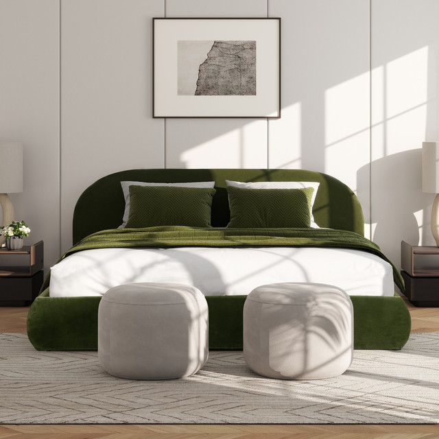 Archie Puffy Grounded Upholstered Platform Bed, Olive Green