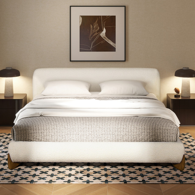Alpine Puffy Modern Platform Bed, Queen, Ivory White Bouclé