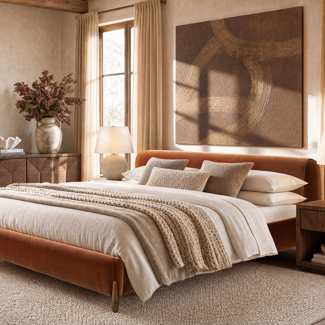 Alpine Puffy Modern Platform Bed, King, Burnt Orange
