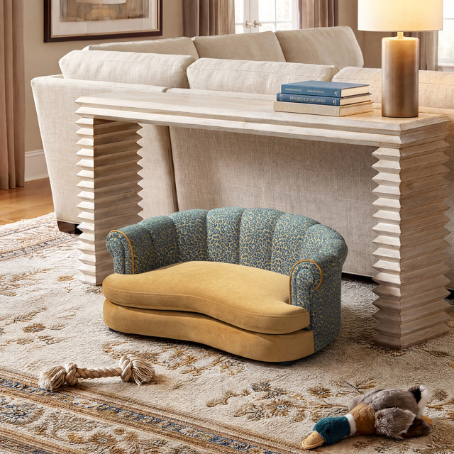 Halle Rolled-Arm Dog Bed with Channel-Tufted Back, Medium, Leopard Chenille & Gold Velvet