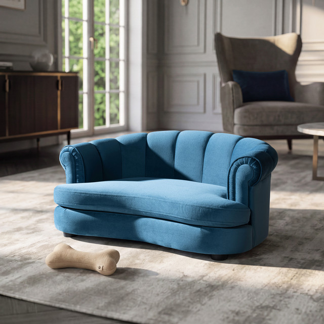Halle Rolled-Arm Dog Bed with Channel-Tufted Back, Medium, Satin Teal Blue