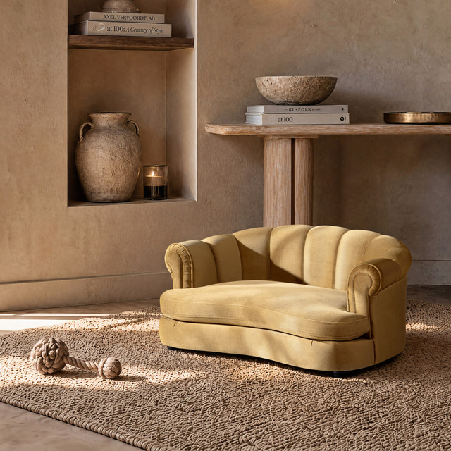 Halle Rolled-Arm Dog Bed with Channel-Tufted Back, Medium, Gold