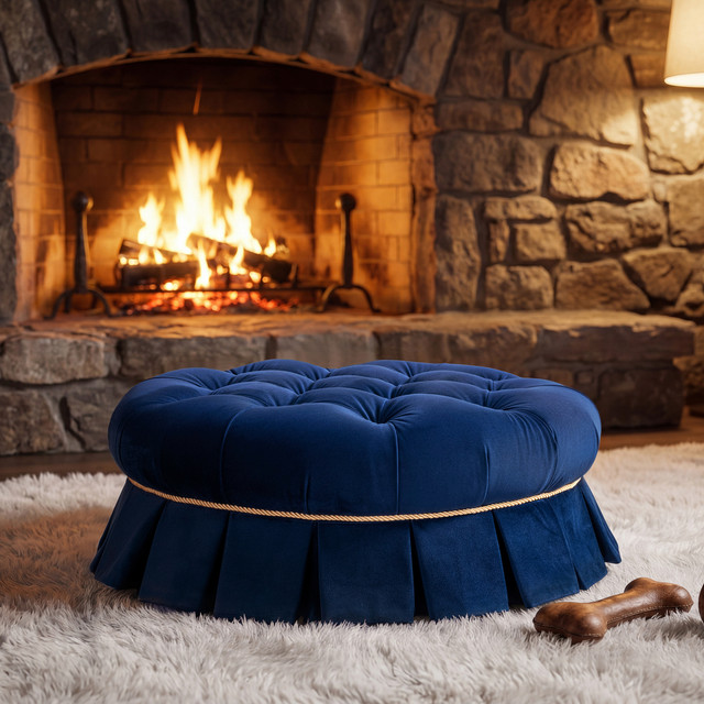 Roquefort Round Tufted Velvet Pet Bed with Box-Pleated Skirt, Navy Blue