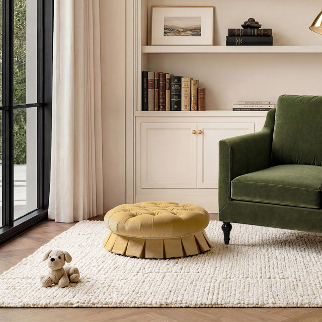 Roquefort Round Tufted Velvet Pet Bed with Box-Pleated Skirt, Gold