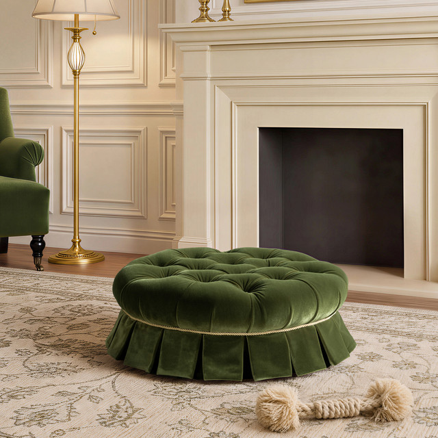 Roquefort Round Tufted Performance Velvet Pet Bed with Box-Pleated Skirt, Olive Green