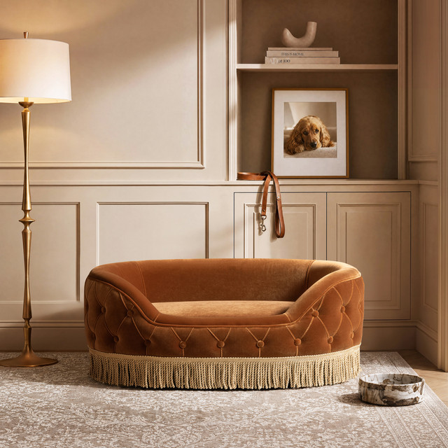 Monroe Glam Tufted Performance Velvet Dog Sofa Bed with Button Tufting and Decorative Fringe Trim, Burnt Orange