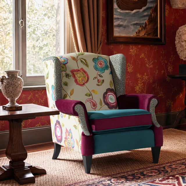 Anya Boho Chic Wingback Accent Chair with Floral Print & Velvet Upholstery, Satin Teal & Burgundy