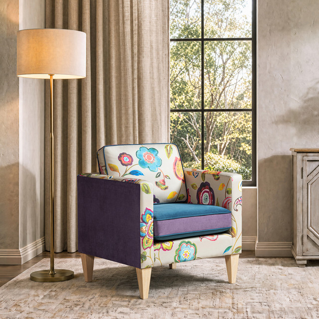 Mamba Patchwork Accent Chair, Teal-Blue Purple Velvet & Multicolored Floral