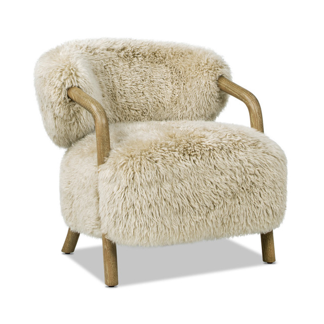 Becker Rustic Oak Genuine Sheepskin Fur Upholstered Accent Arm Chair, Taupe Beige