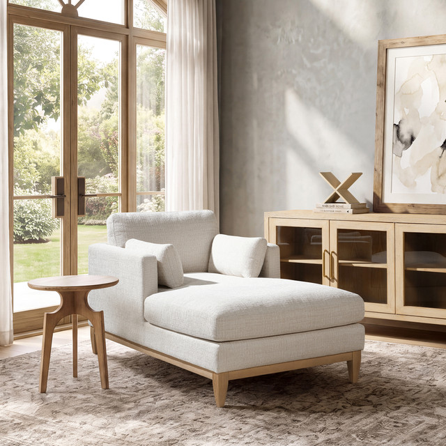 Knox Modern Farmhouse Chaise Lounge Chair, Stone Light Beige Chenille