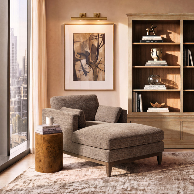 Knox Modern Farmhouse Chaise Lounge Chair, Taupe Brown Chenille