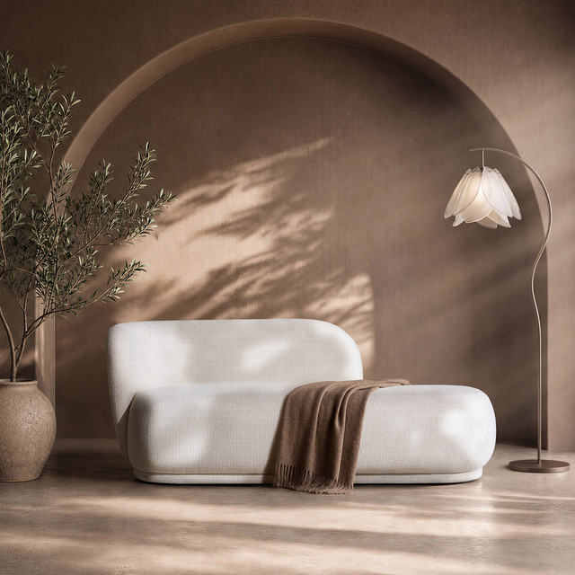 Aire RAF Organic Modern Curved Chaise Lounge, Stone Light Beige Chenille