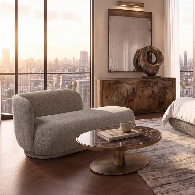 Aire RAF Organic Modern Curved Chaise Lounge, Stone Taupe Chenille