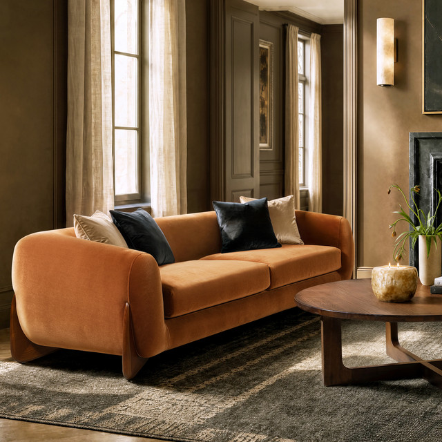 Alpine Sculptural Curved Sofa, Burnt Orange Performance Velvet