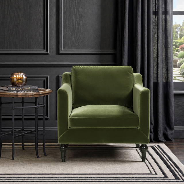 Josephine Modern Sofa with Bench Seat & Bolster Pillows, Olive Green