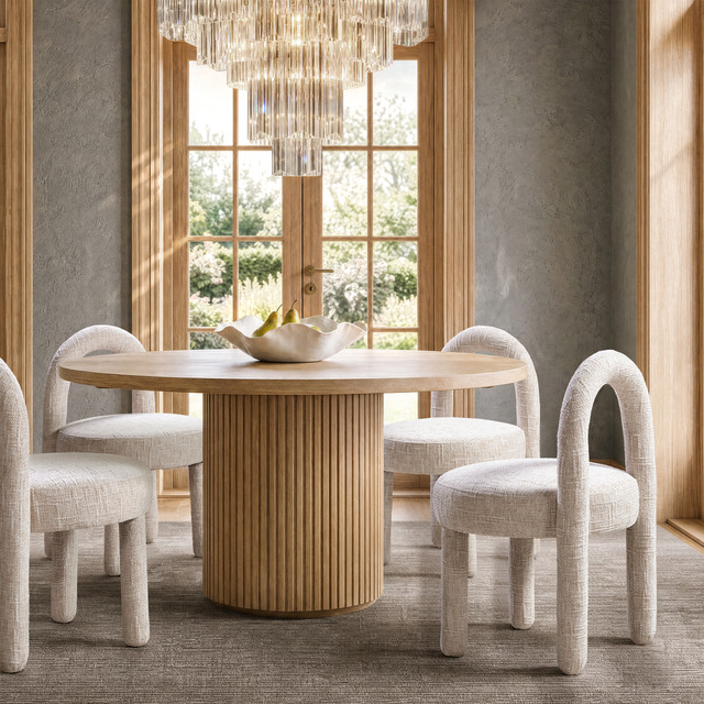 Penny Round Arched Fully Upholstered Dining Side Chair, Set of 2, Travertine Beige