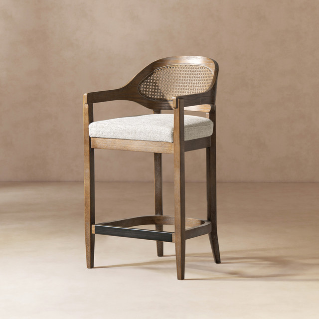 Americana Mid-Century Modern Cane Back Counter Stool, Two-Tone Neutral Gray