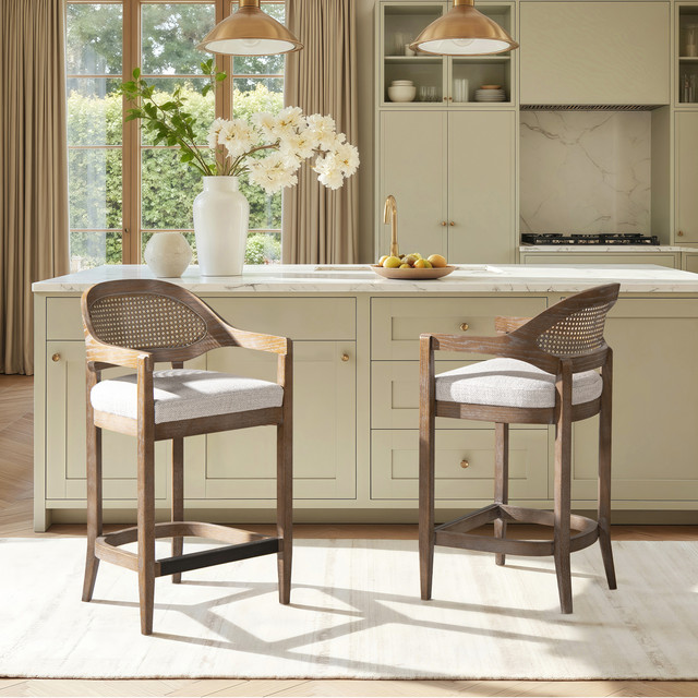 Americana Mid-Century Modern Cane Back Counter Stool, Two-Tone Neutral Gray