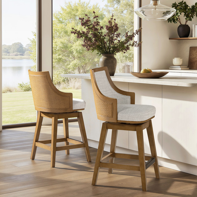 Bahama Cane Rattan High-Back Swivel Counter Stool with Recessed Arms, Two-Tone Neutral Gray