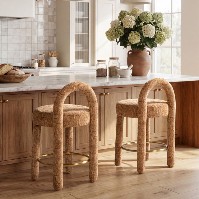 Penny Round Arched Fully Upholstered Counter Stool, Set of 2, Golden Rust Orange