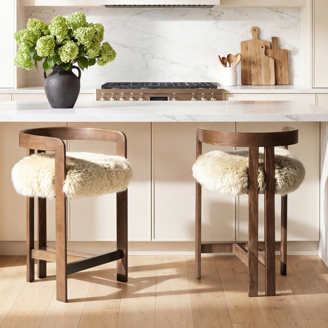 MMillwick Low Back Genuine Fur Dark Brown Ash Wood Counter Stool, Natural Blonde