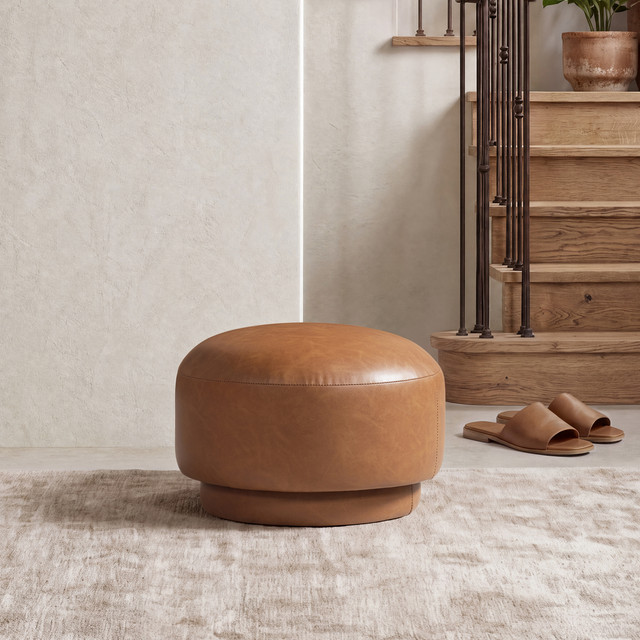 Fuji Mushroom Faux Leather Footstool Ottoman, Caramel Tan Brown