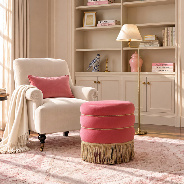 Edward Round Upholstered Ottoman with Bullion Fringe, Garnet Rose Pink