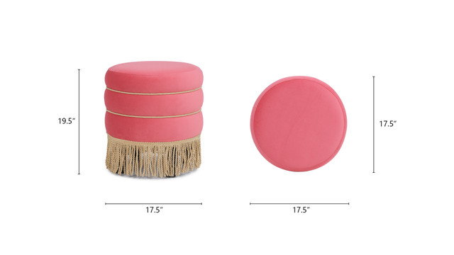 Edward Round Upholstered Ottoman with Bullion Fringe, Garnet Rose Pink Edward Round Upholstered Ottoman with Bullion Fringe, Garnet Rose Pink