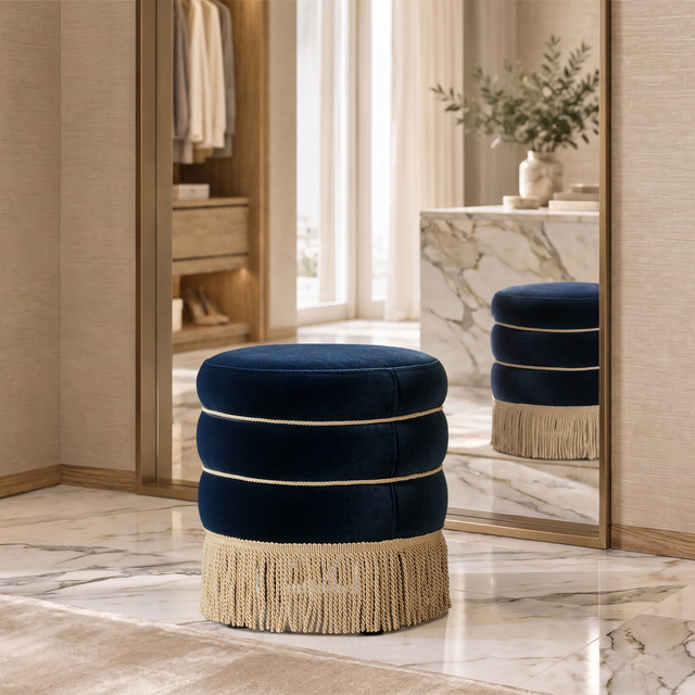 Edward Round Upholstered Ottoman with Bullion Fringe, Dark Navy Blue