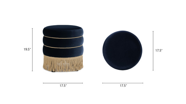 Edward Round Upholstered Ottoman with Bullion Fringe, Dark Navy Blue Edward Round Upholstered Ottoman with Bullion Fringe, Dark Navy Blue