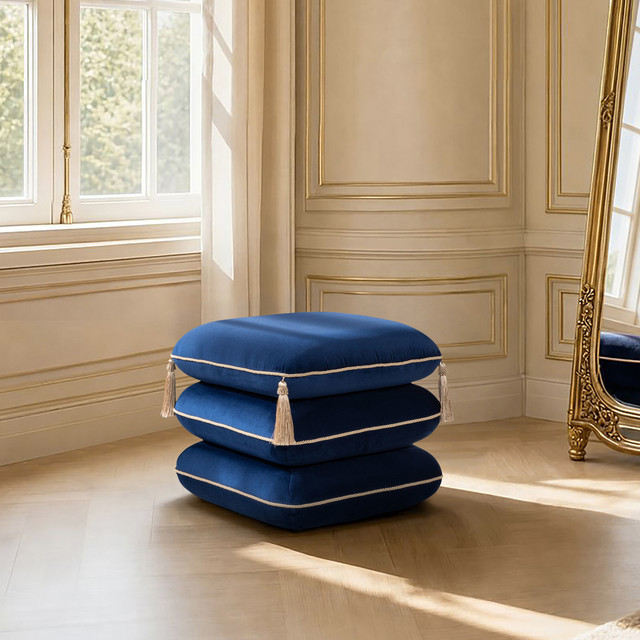 Arabella Squared Upholstered Ottoman with Bullion Fringe, Navy Blue